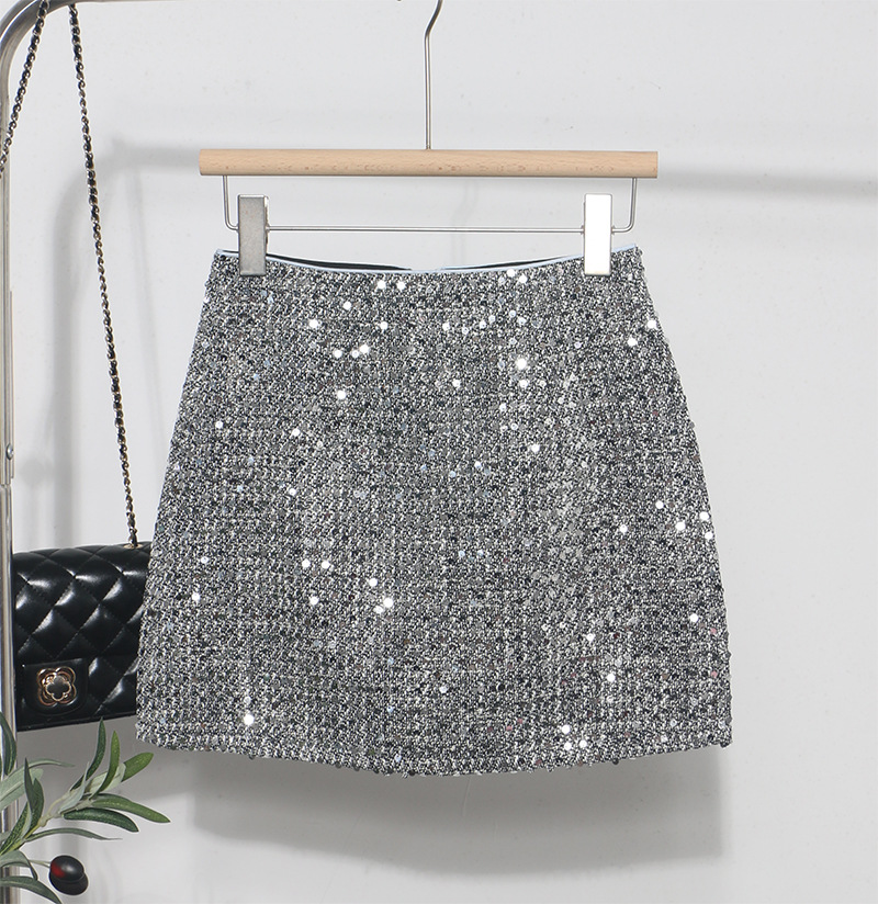 Sexy Sequined Skirt Female Spice Girl A Word Silver Shiny Anti-light Bodycon Skirt