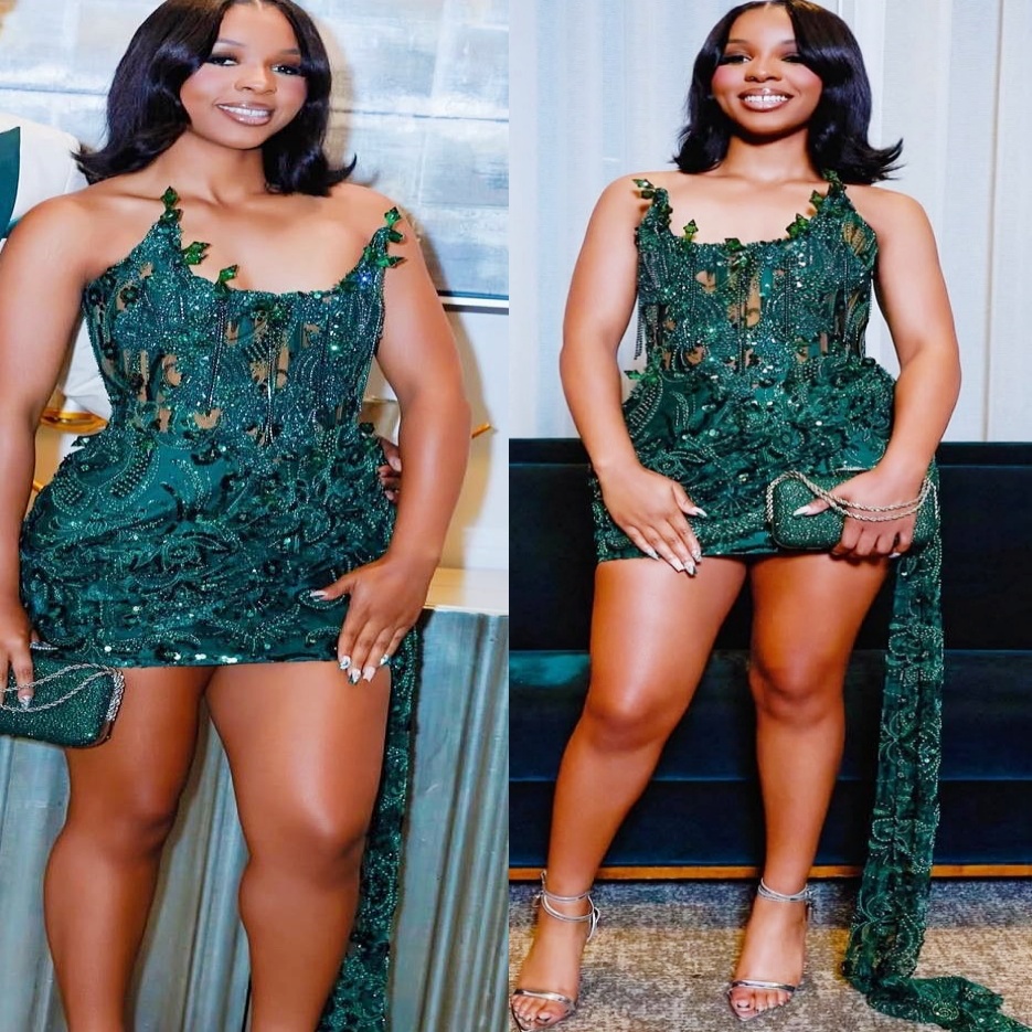 Chic Dark Green Sheath Cocktail Dress Strapless Crystals Tassels Sequined Lace Short Mini Graduation Homecoming Dresses For Special Occasions Sweethea