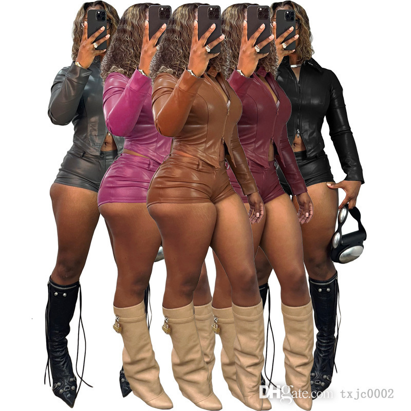 Women Tracksuits Two Pieces Set New Fashion Leather Stand Collar Twoway Zipper Motorcycle Long Sleeve Top And Shorts Sportwear 5 Colors