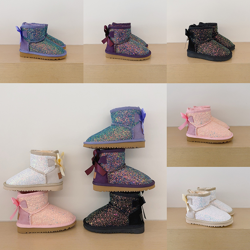 Children Boots Designer Toddler Mini Bow Boot Fashion Sequins Bowties Flats Ankle Booties Classic Genuine Leather Kids Bottes Winter Shoes EU 21-35