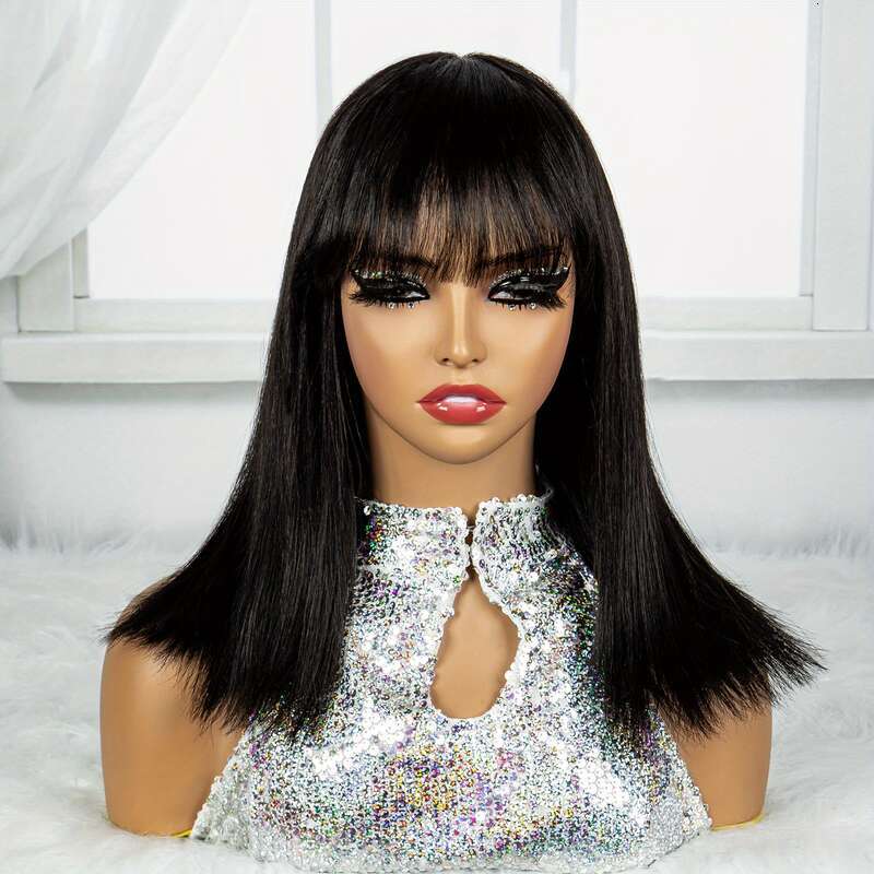 Short Bob Cut With Bangs Glueless Straight Braizilian Human Synthetic Hair Wigs For Women 8-14 Inch