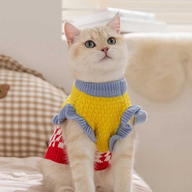 Diamond Grid Solid Cat Sweaters Warm Wool Knitting Winter Sphinx Small Dogs Clothing Ruffle Sleeve Female Girl Puppy Overalls C251009