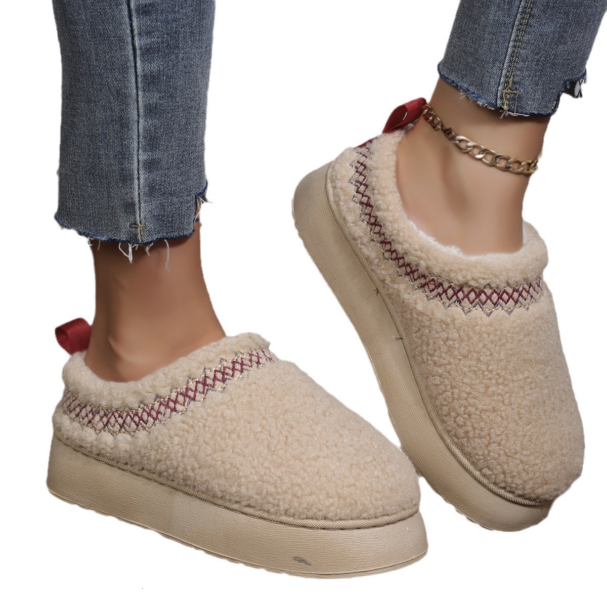 New Thick Bottom Lamb Wool Ethnic Style Women's Snow Boots Closed Toe Outdoor Plush Warm Cotton Slippers Designer Shoes
