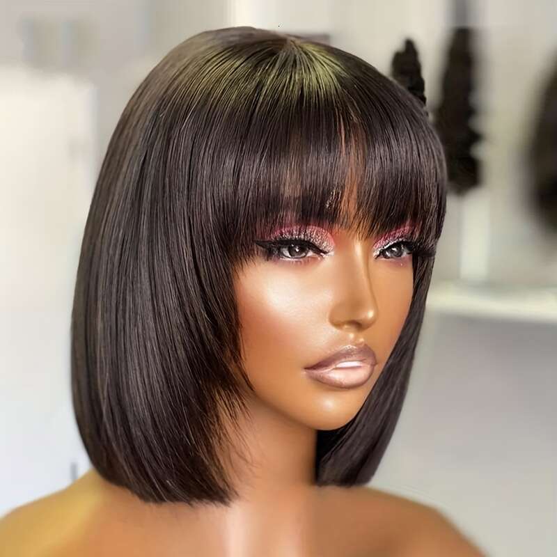 Short Bob Cut With Bangs Glueless Straight Braizilian Human Synthetic Hair Wigs For Women 8-14 Inch