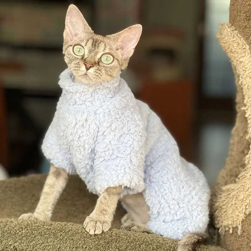 Thick Grey Fleece Coat for Sphynx Cat Warm Sweatshirt 4legged Jumpsuit for Kittens Soft Loungewear for Devon Rex Sweater C251009