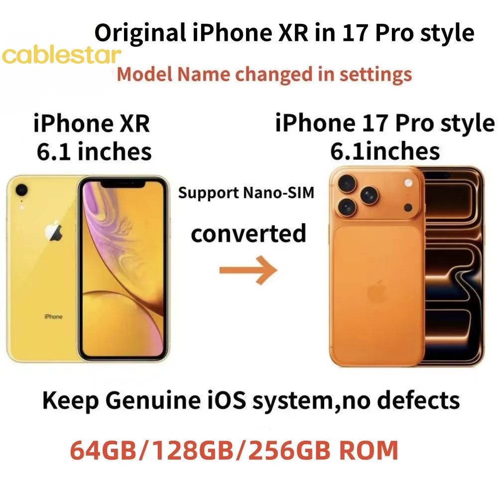 Refurbished Original Apple iphone XR in iphone 17 pro style phone 4G LTE unlocked coming with 17 pro box sealed 3GB RAM 256GB ROM OLED