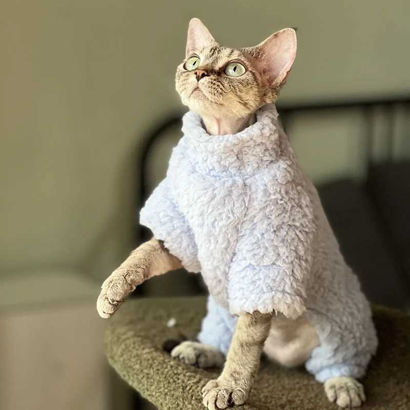 Thick Grey Fleece Coat for Sphynx Cat Warm Sweatshirt 4legged Jumpsuit for Kittens Soft Loungewear for Devon Rex Sweater C251009