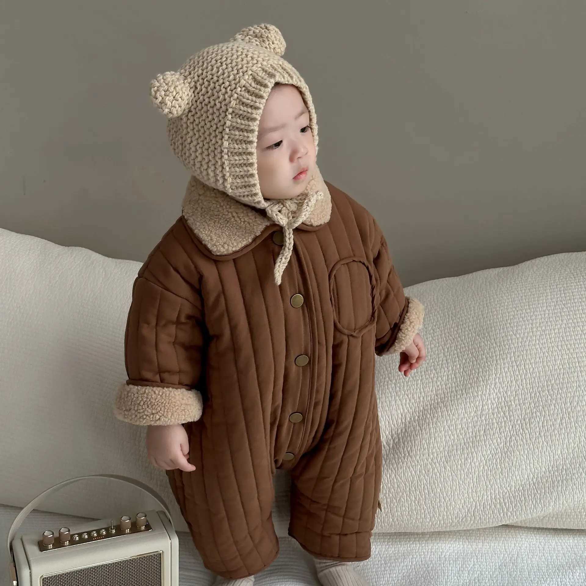 Autumn Winter Toddler Retro Cardigan Plus Velvet Lapel Romper Girl Baby Cotton Thicken Warm Onepiece Boy Infant Fleece Jumpsuit C251009