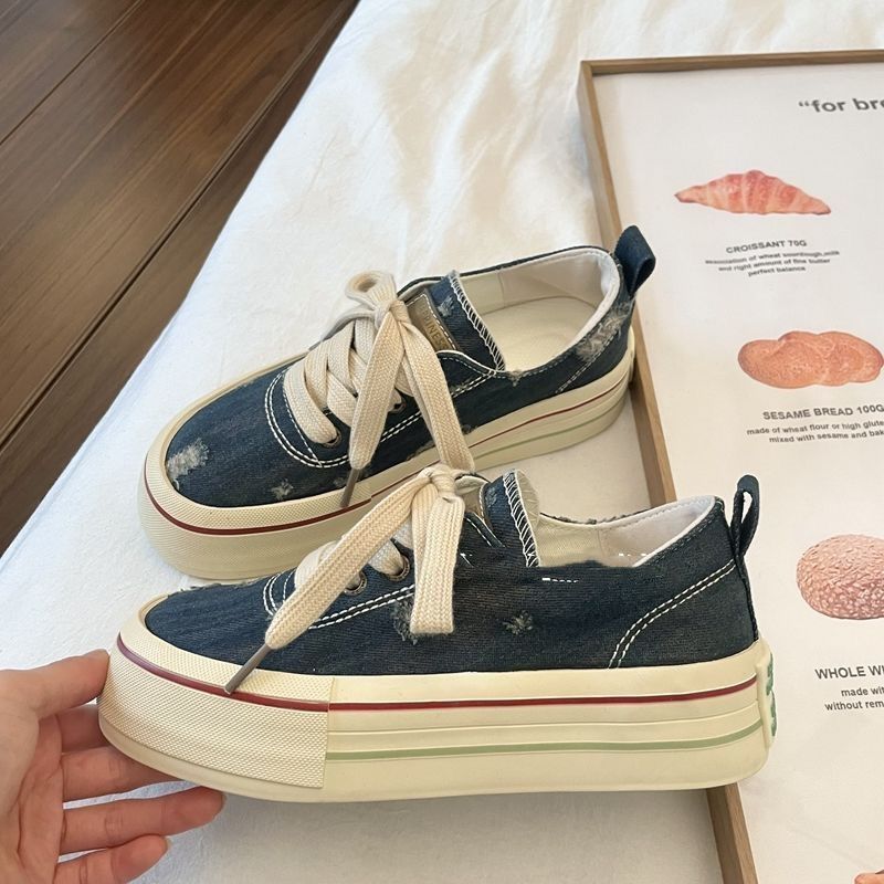 Free shipping Multi-Color Distressed Denim Platform Sneakers with Lace-Up Design Fashion Retro Stylish Versatile Casual Shoes