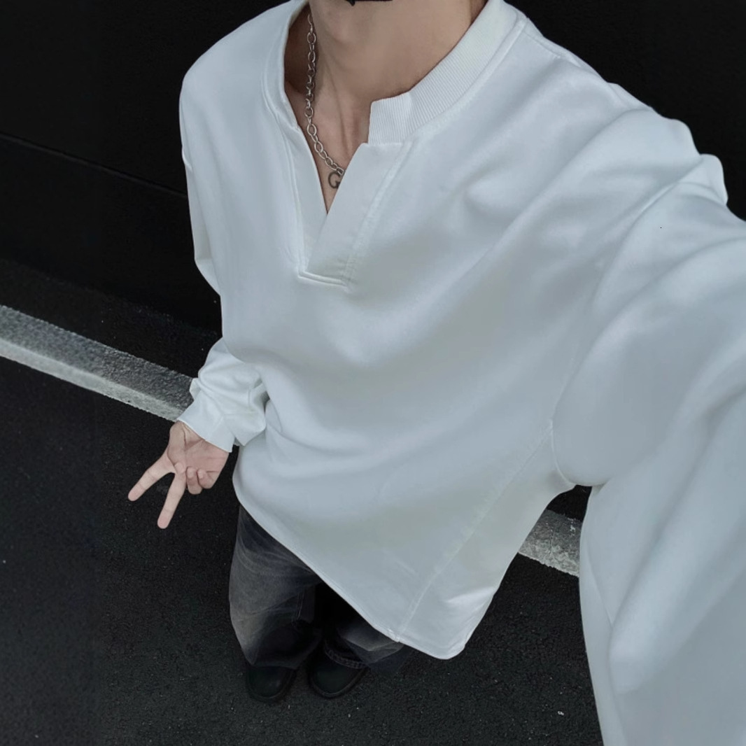 White V-neck Sweatshirt For Men Autumn And Winter Henry Collar Designer Shirt Long Sleeve T-shirt Basic Base Shirt American Designer Hoodie Cleanfit Jacket