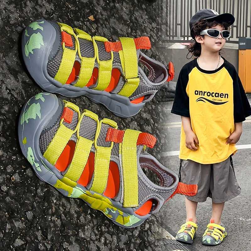 Childrens sports sandals 2025 summer new girls Velcro toe cap sandals lightweight anti slip boys beach shoes J251027
