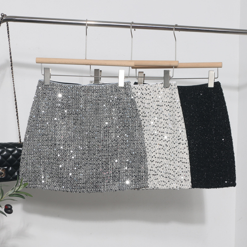 Sexy Sequined Skirt Female Spice Girl A Word Silver Shiny Anti-light Bodycon Skirt