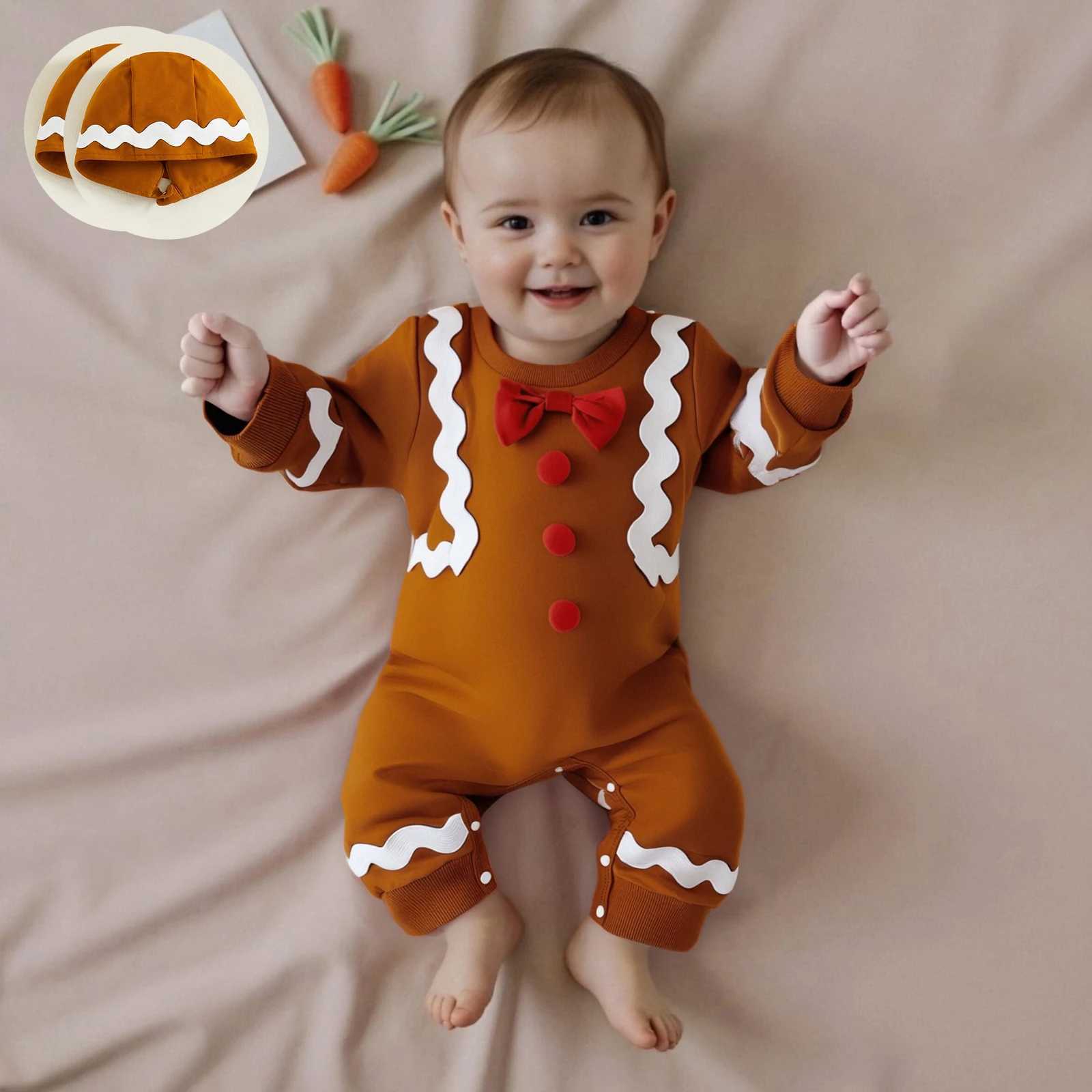 Baby Clothing Girl Christmas Button Romper Long Sleeve O Neck Gingerbread Jumpsuit with Hat Newborn Clothes C251009
