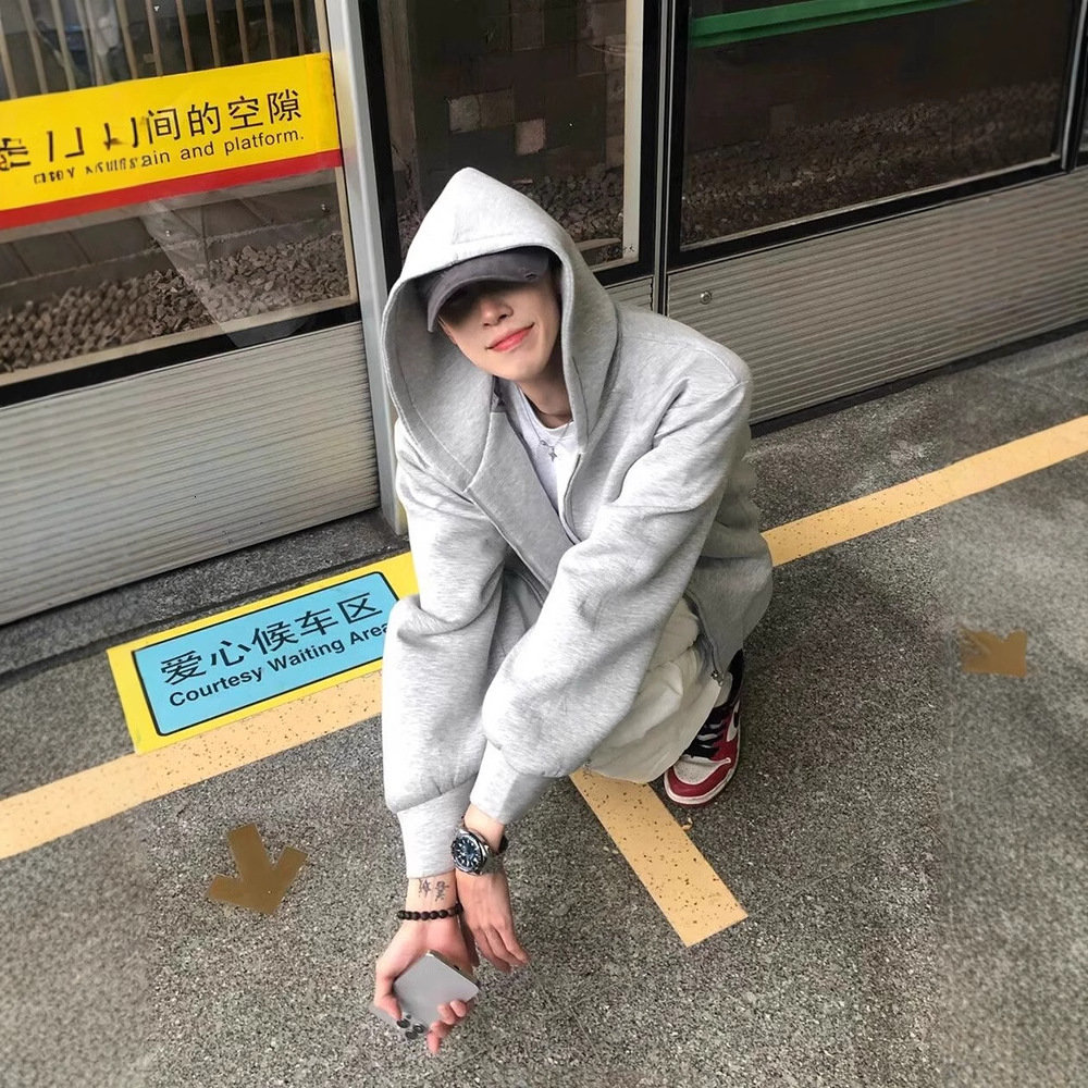 Gray Fleece-lined Cardigan Sweatshirt For Designer Shirt Men Spring Designer Hoodie And Autumn Style Double-zipper Hooded Jacket American Retro Style Jacket