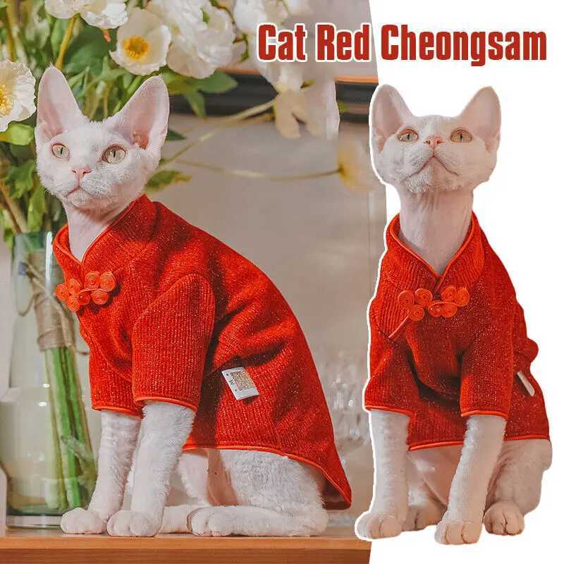 Warm Sphinx Cat Vest Clothes Hairless Cat Pet Red Qipao New Year Dress Sphynx Cat Comfortable Clothes Pets Supplies C251009