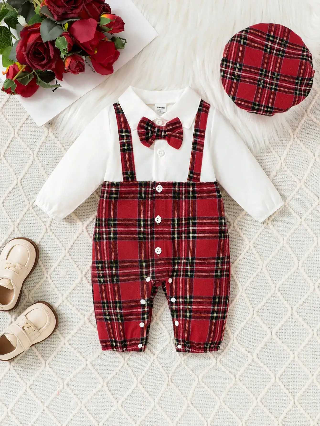 Gentleman Style Autumn Fashion 124m Baby Boys Onesie Red Plaid Small Bow Tie Color Contrast Breasted Lapel LongSleeved Onesie C251009