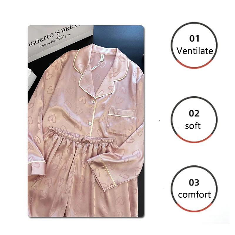 Ice Silk Pajamas Womens Long Sleeve Lace Premium Sense Two Piece Suit Sweet Homewear Love Blue Ladies Sleepwear Loungewear 251009 - view 5