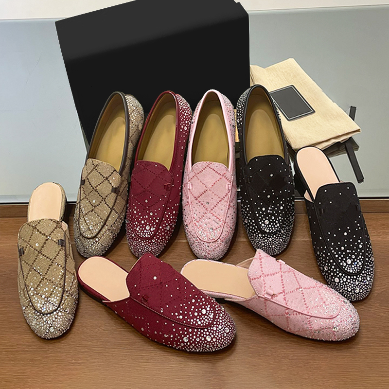 Men Women Crystal Loafers Designer Sneakers Mules Leather Flat Half Slippers Summer Slip On Causal Shoes Sandals 737
