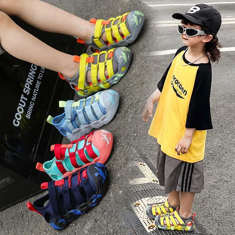 Childrens sports sandals 2025 summer new girls Velcro toe cap sandals lightweight anti slip boys beach shoes J251027
