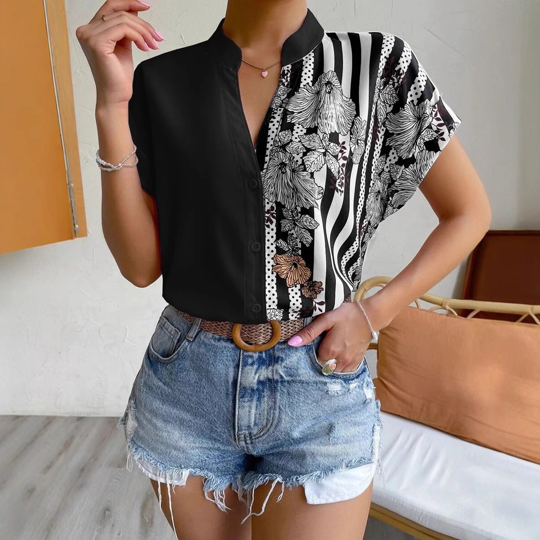 2025 Womens Summer Double Color Block Floral Button Cardigan Short Sleeve Shirt 250314