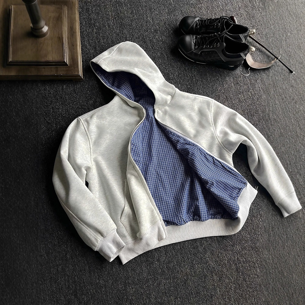 Miu Series Reversible Royal Blue Plaid Designer Hoodie Zipper Sweatshirt Men Early Autumn Long Sleeve Designer Shirt Top Cleanfit Cardigan Jacket