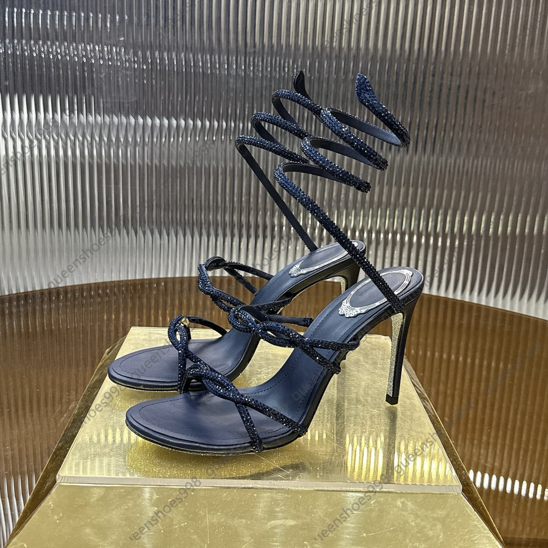 Elegant Rene high heel dark blue sandals womens with crystal snake shaped ankle strap fashion luxurious designer wedding shoes rhinestone knot party casual sandal