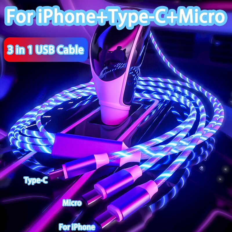 3 iN 1 Glowing LED Light Party Phone Charger Luminous USB Type C Cable For Xiaomi iPhone 14 13 12 11 Samsung S25 S24 Phone Accessories