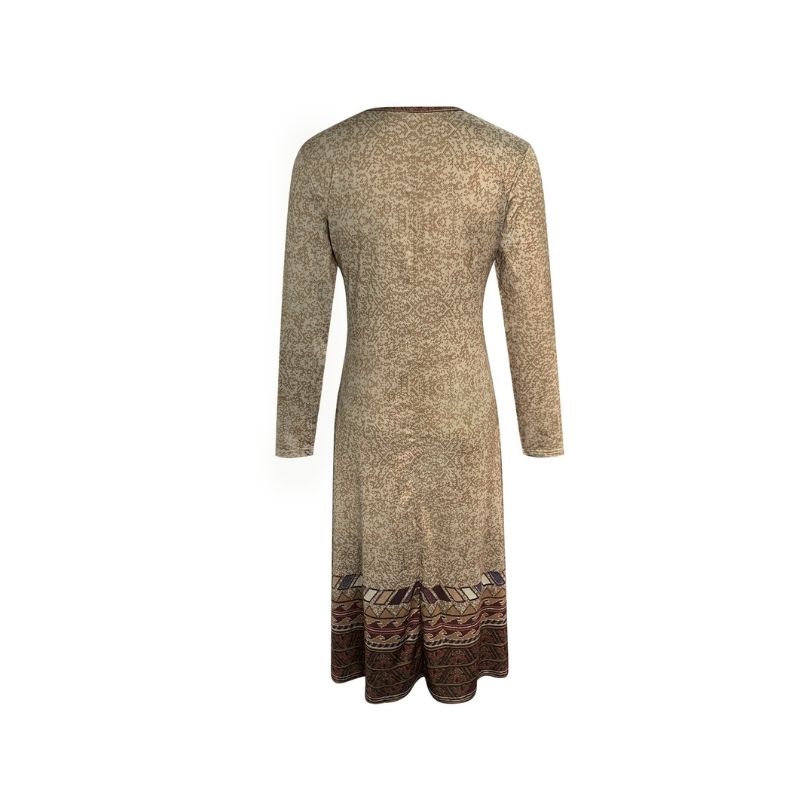 Women's Autumn Vintage Floral Print Long Sleeve Midi Dress - Versatile Casual Khaki Dress-CF40536