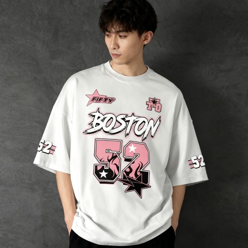 Men's Streetwear Boston "52" Graphic Oversized T-Shirt - Casual Urban Fashion Tee-29