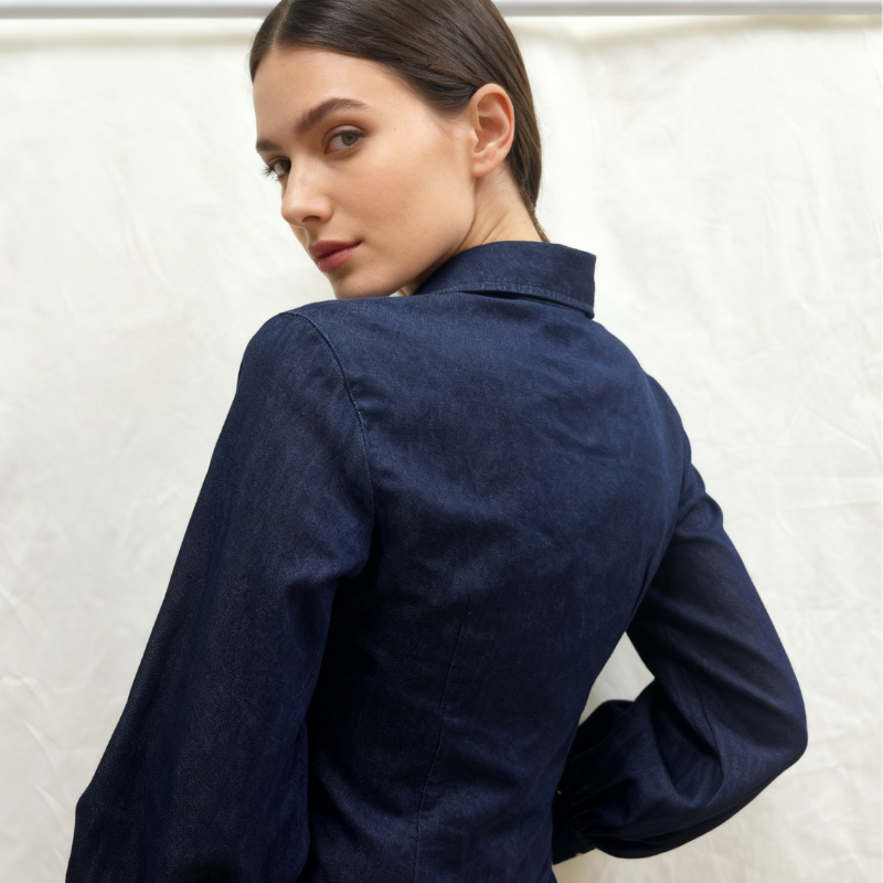 Women's Dark Blue Long - Sleeve Denim Shirt - Tight - Fitting & Leg - Lengthening Lapel Denim Top-048A