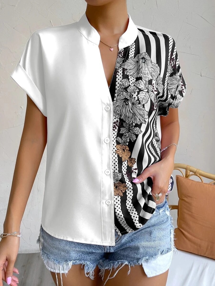 2025 Womens Summer Double Color Block Floral Button Cardigan Short Sleeve Shirt 250314