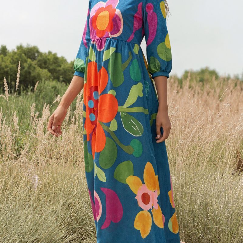 Women's Autumn New Plant Floral Print V - Neck Long Sleeve Maxi Dress - Elegant Vacation Milk Silk Dress-CF51116