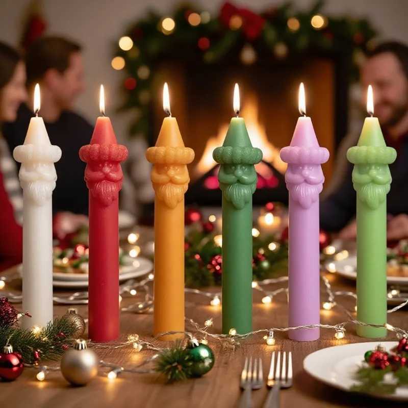 2pcsset Santa Claus Pillar Long Pole Soybean Candle Festive Atmosphere Decorative Ornament Holiday Gift Christmas Candles S25109 S260204