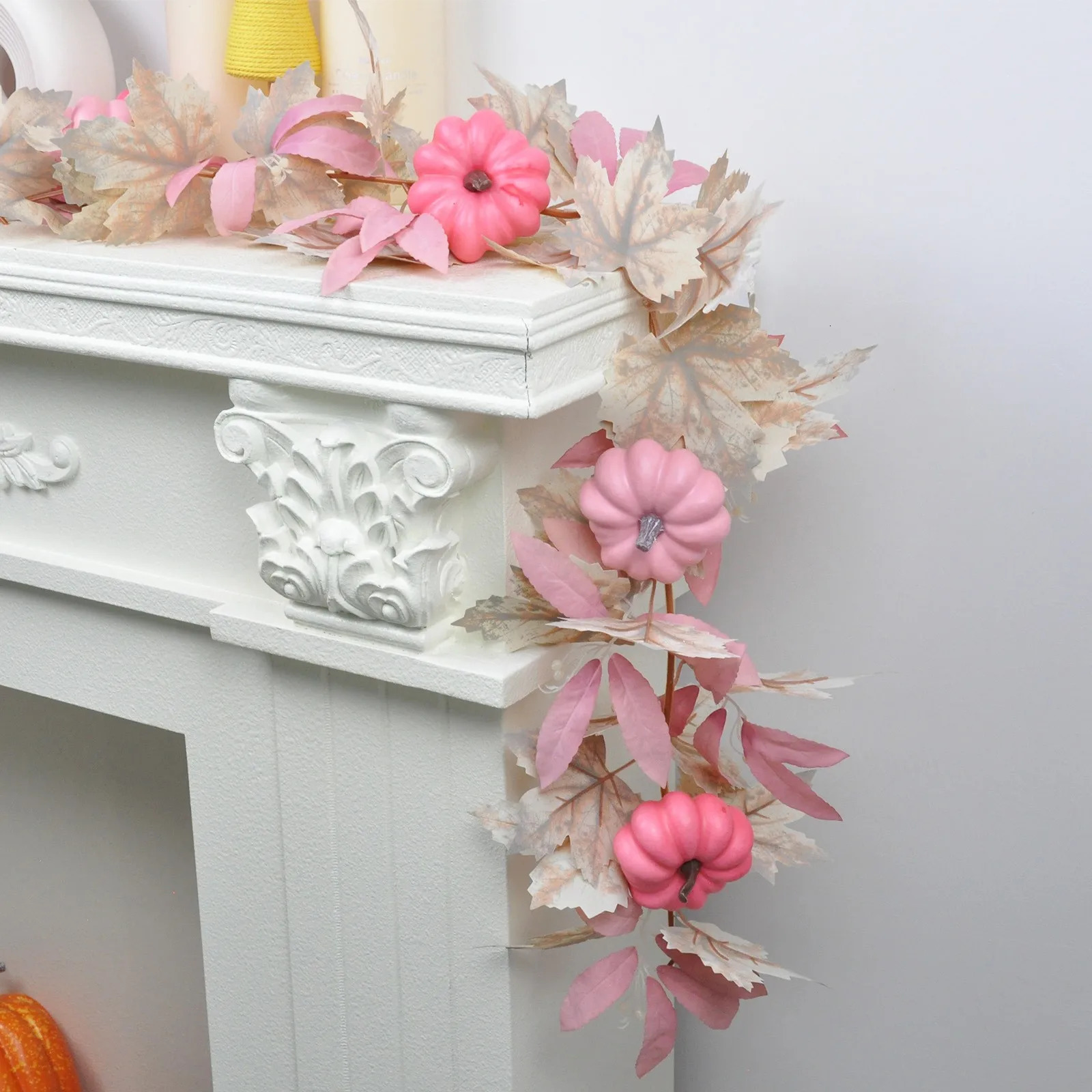 White Maple Leaf Decorations Pink Pumpkin Accents Fall Festival Party Supplies Faux Foliage Garlands Halloween Themed Home Decor 250930