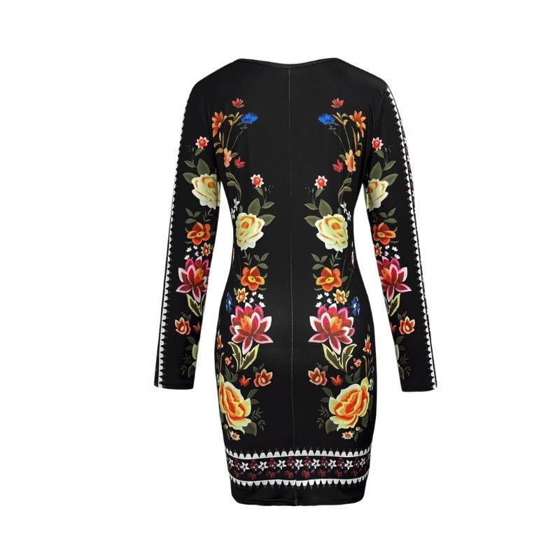 Women's Vintage Floral Print Bodycon Dress - V - Neck Long Sleeve Sexy Mature Mini Dress-CF40296