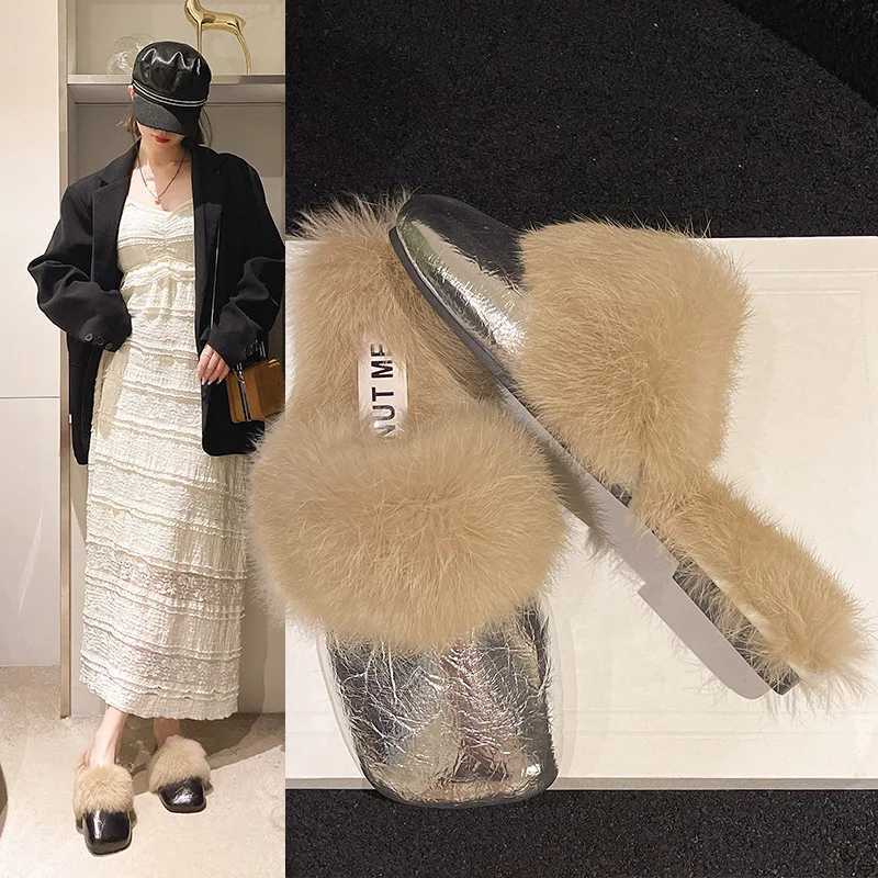 new designer sier leather winter slippers wen square toe fur slides shoes flat heel plush padded warm mes pantuflas mujer Y251009