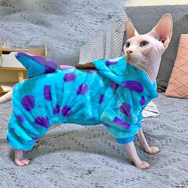 Fleece Dinosaur Hooded Coat for Sphynx Cat thick Sweatshirt for Cat Long Sleeves Warm Clothes for Kittens Outfit in Winter C251009