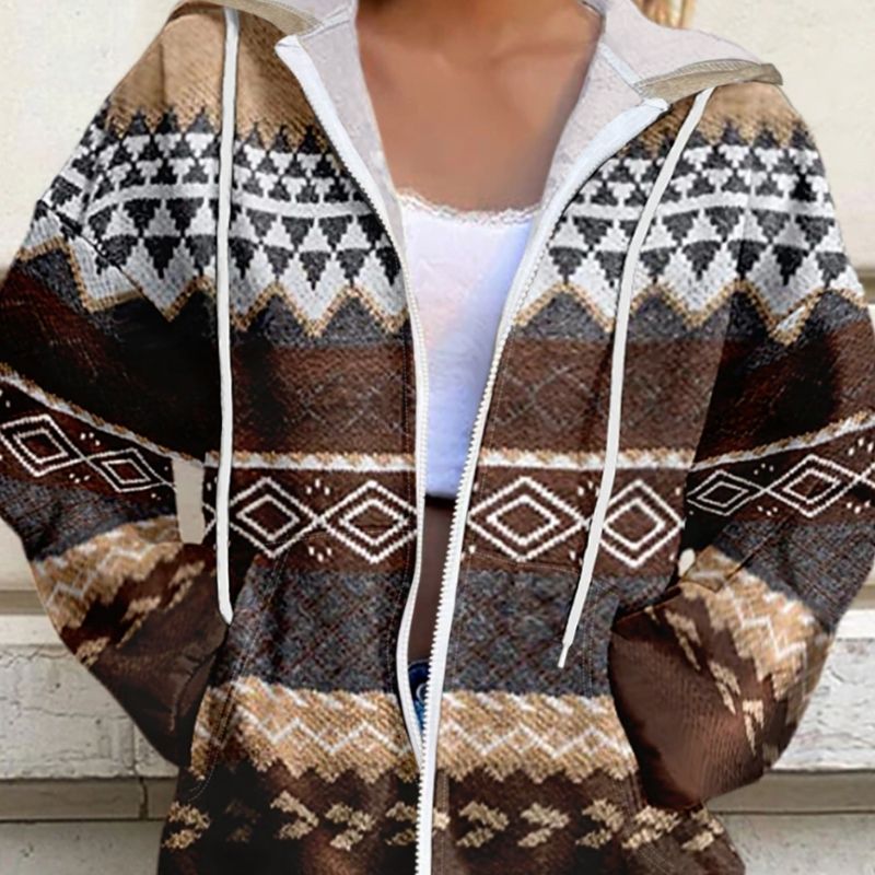 Women's Autumn Winter Ethnic Geometric Print Zip - Up Hooded Jacket - Casual Fashion Outerwear-CF24589