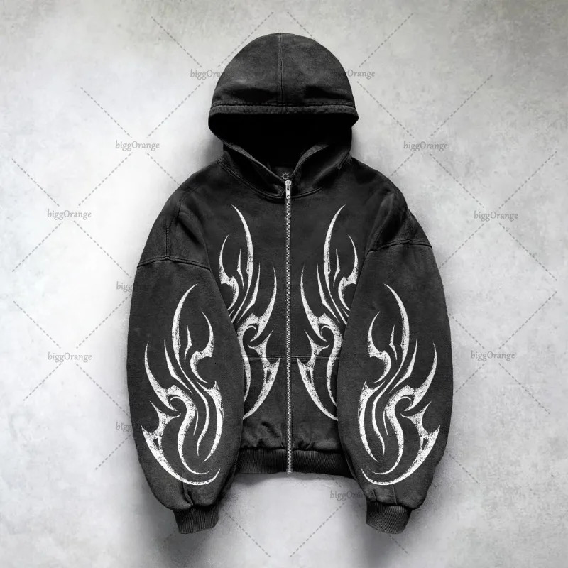 Gothic Punk Graphic Print Oversized Sweatshirt High Street Harajuku Y2K Streetwear Jacket Men Hip Hop Retro Casual Zipper Hoodie 251009