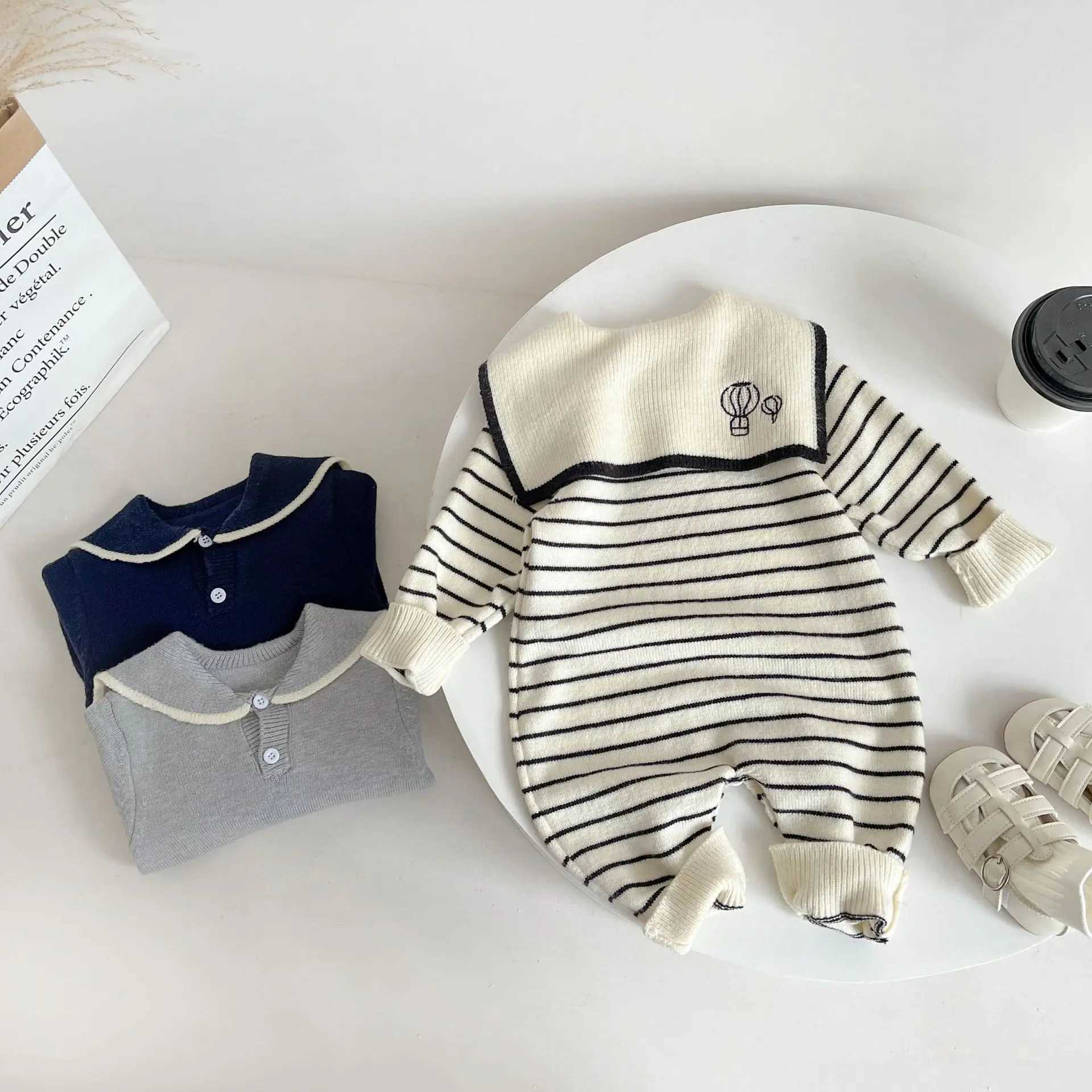 2025 Autumn New Baby Sailor Collar Long Sleeve Knitted Romper Infant Boy Girl Casual Striped Jumpsuit Newborn Toddler Clothes C251009