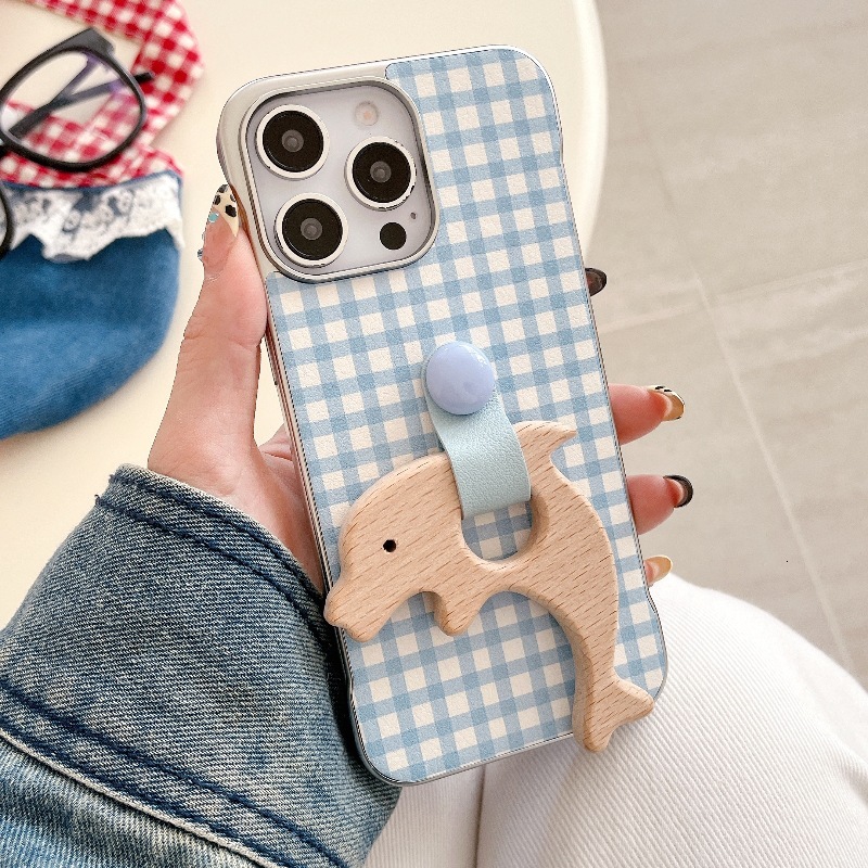for iPhone 16 Pro Max Case Cute Aesthetic Gingham Ins Borderless Ring Wooden Horse Stand Phone Case Soft Slim TPU Shockproof Phone Cover for Women Gir