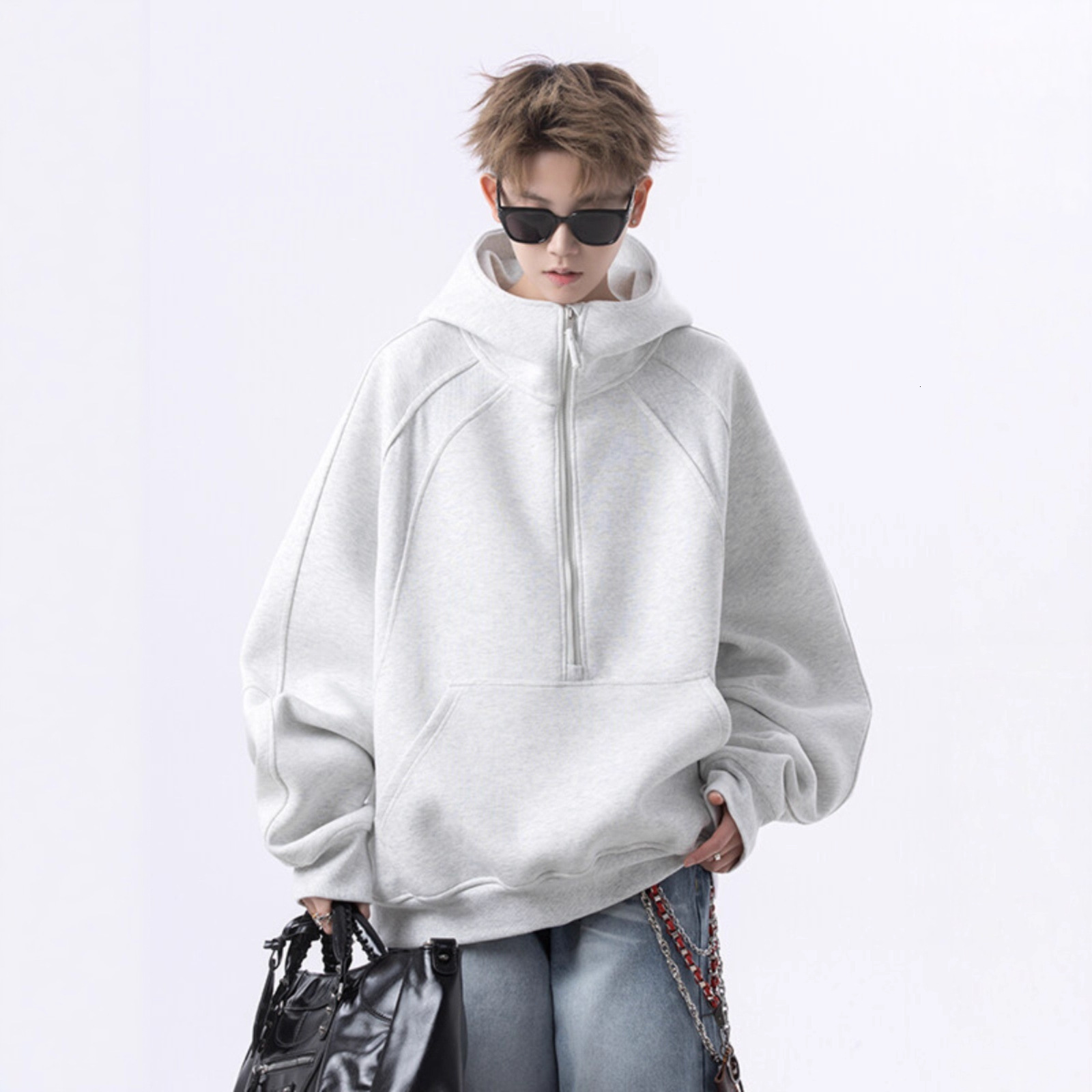 American Designer Hoodie High Street Hooded Half-zip Sweatshirt For Men Spring And Autumn Textured Design Loose Designer Shirt Casual Hoodie Jacket Top