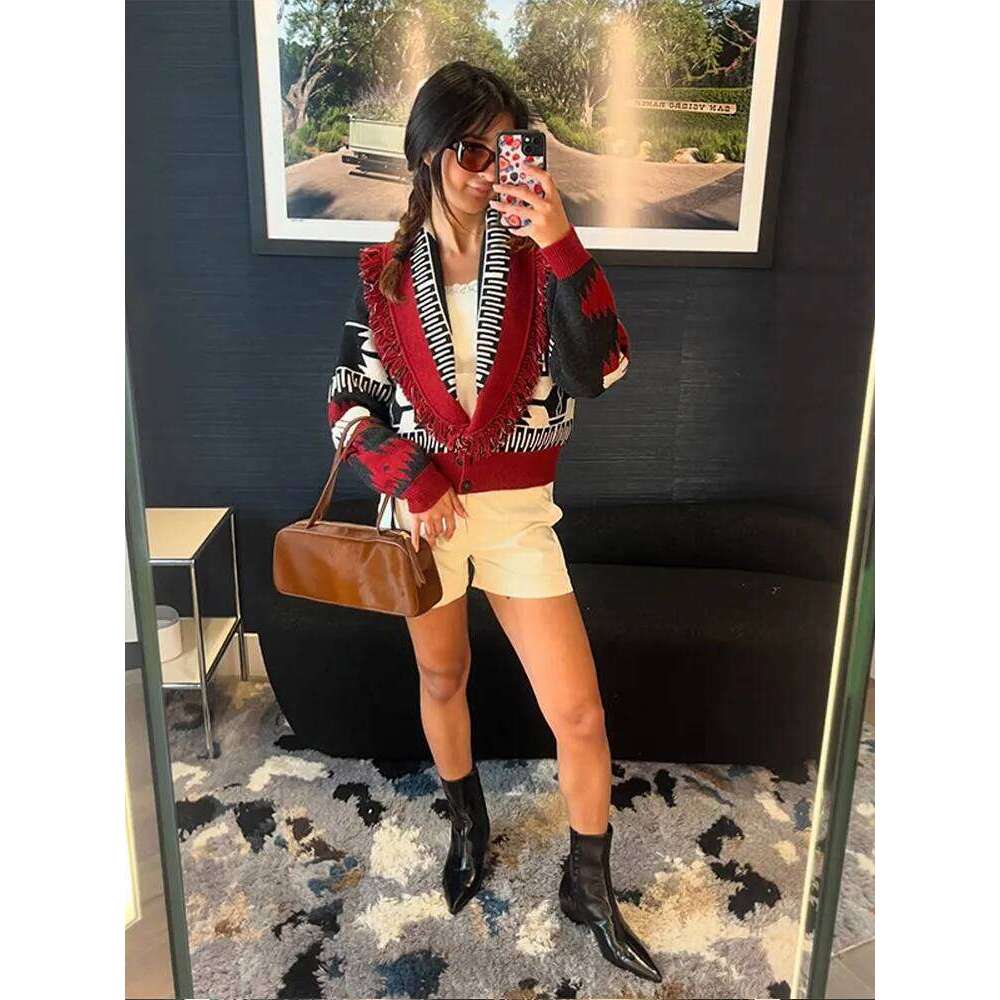 Tassel Patchwork Printed Cardigan Women Turn-down Collar Long Sleeve Knitted Fashion Lady Sweater Vintage 2025 Autumn Cardigans