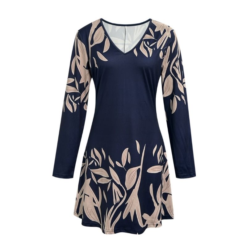 Women's Autumn Winter Plant Print Long Sleeve Dress - Elegant Commute V - Neck Milk Silk Dress-CF52792
