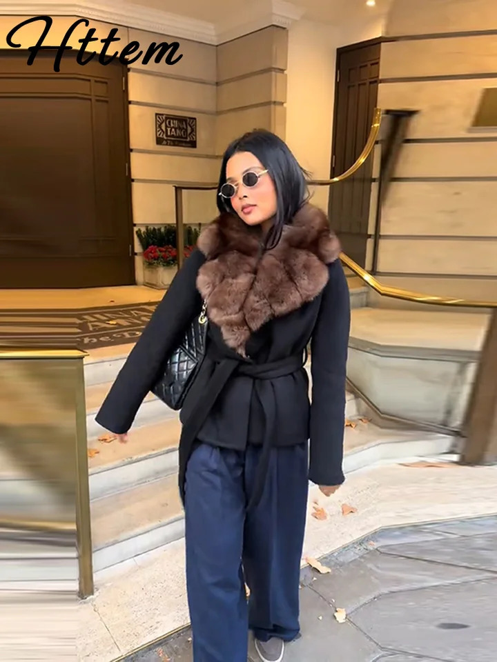 Elegant Shawl Faux Fur Women Coat Lace Up Full Sleeve Belted Waist Lapel Woolen Female Jacket Autumn Winter Lady Outwears 251008