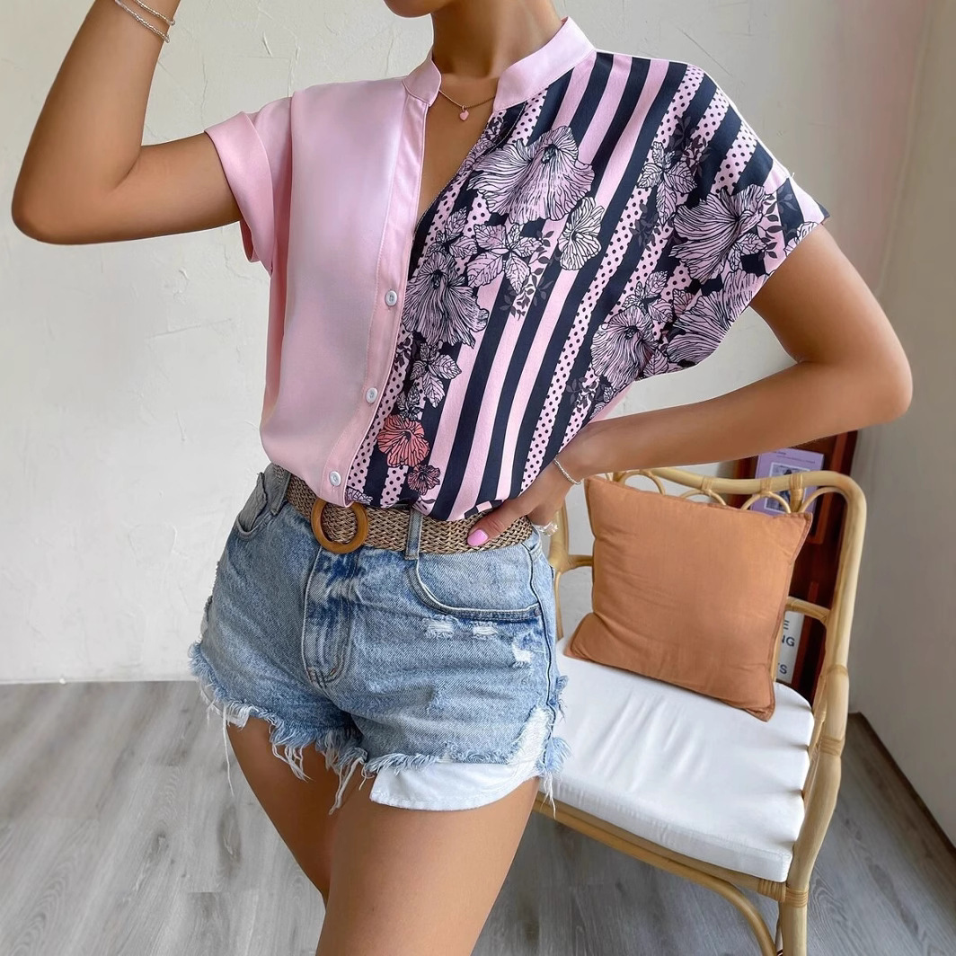2025 Womens Summer Double Color Block Floral Button Cardigan Short Sleeve Shirt 250314