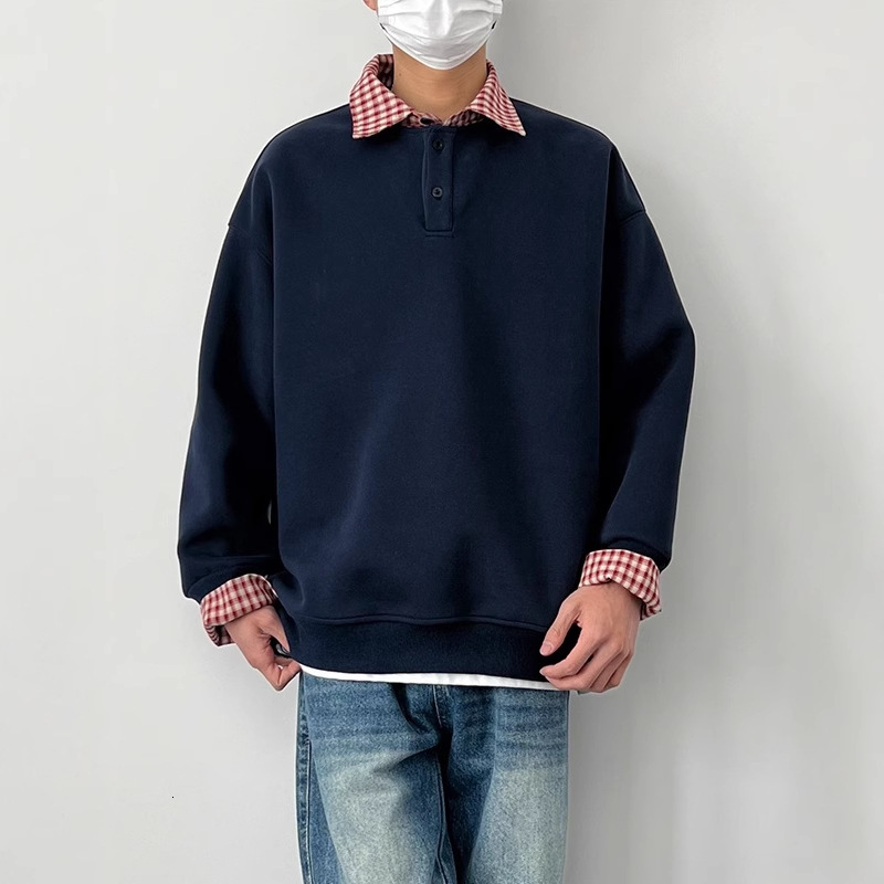 American Retro Plaid Polo Collar Sweatshirt For Men 2025 Spring Designer Shirt Loose College Style Designer Hoodie Long Sleeve T-shirt Top