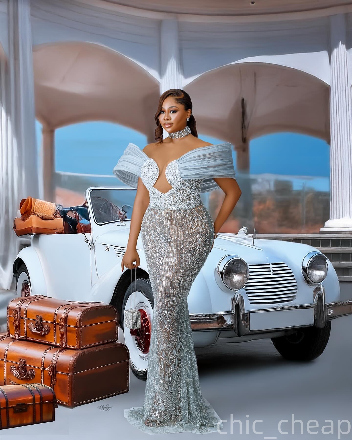 Silver Mermaid Prom Dresses 2025 Pearls High Neck Sequined Lace Evening Formal Party Second Birthday Engagement Gowns Plus Size Dress For Special Occa