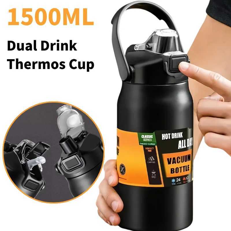 1500ML 304 Stainless Steel Thermal Mug Outdoor Thermos Portable Tumbler Vacuum Flasks Cold Hot Sports Water Bottle with Straw C251008