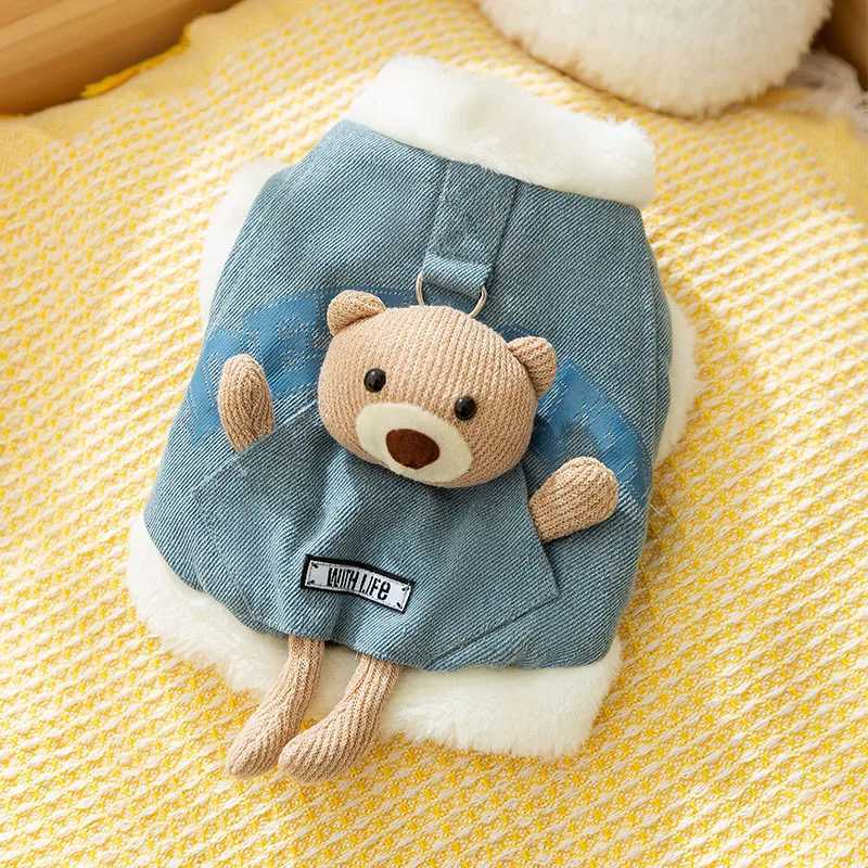 Cat autumn and winter thickened warm pocket threedimensional bear denim traction vest small dog pet clothes C251009